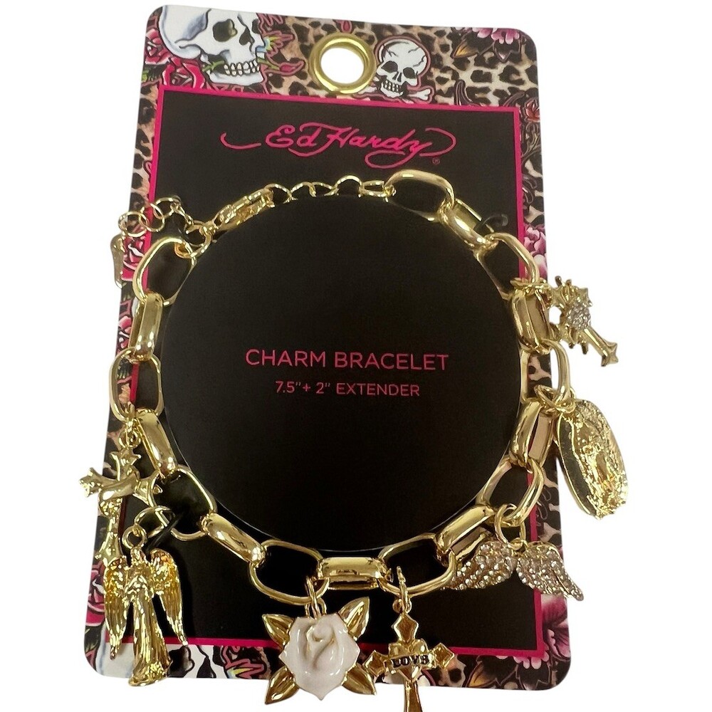 Ed Hardy Charm Bracelet Goldtone Rhinestone Rose Cross Wings 7.5in + 2in